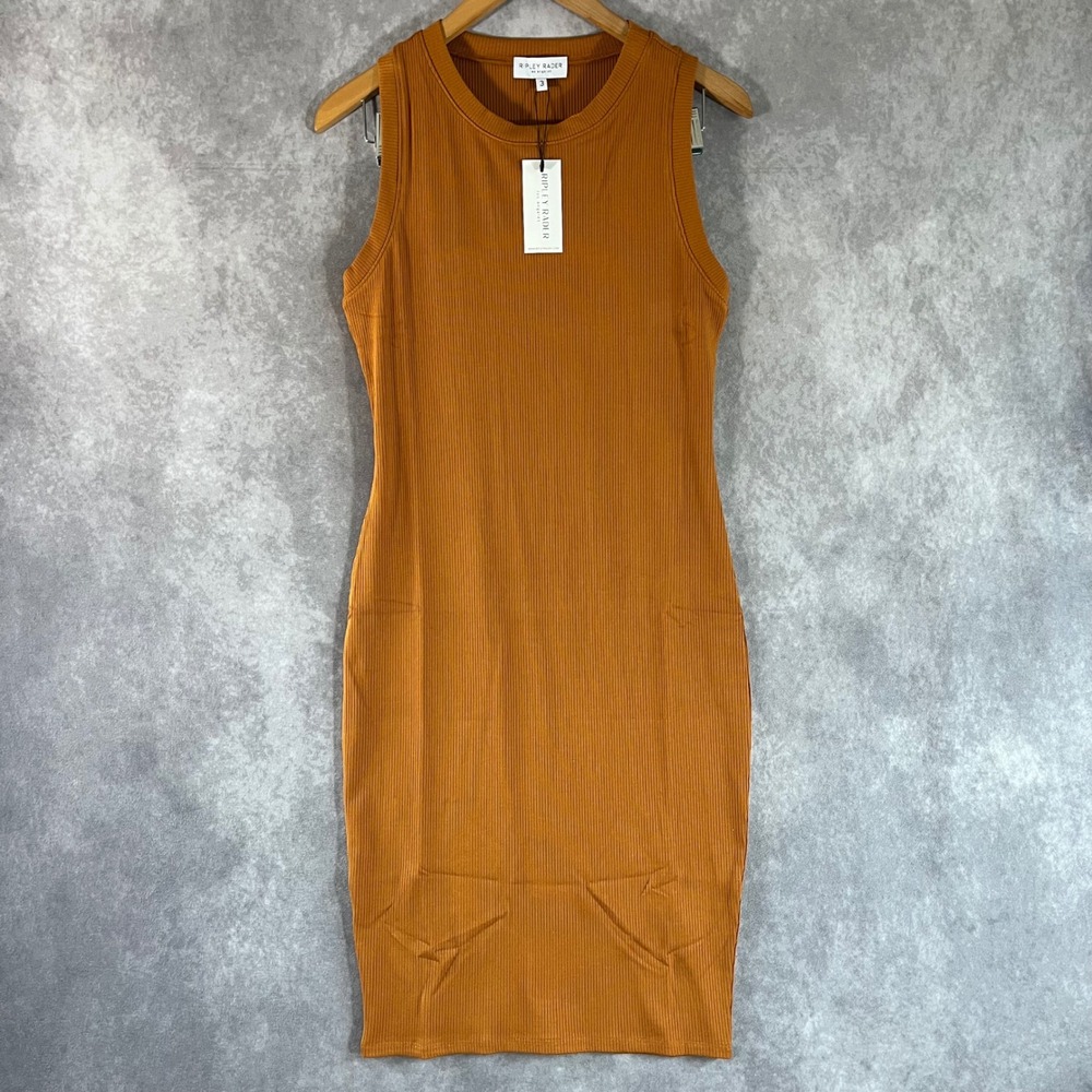 Ripley Rader Ribbed Midi Dress Womens 3 Orange Ochre Sleeveless Bodycon NEW